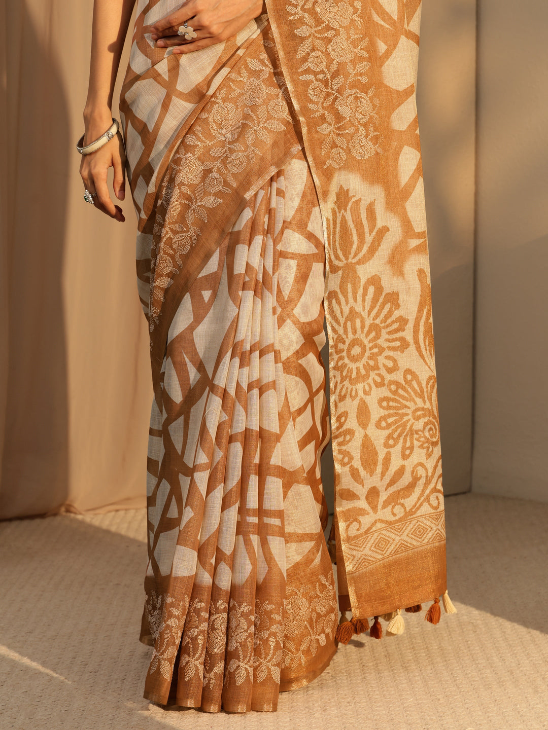 Libas Brown Abstract Printed Cotton Blend Saree