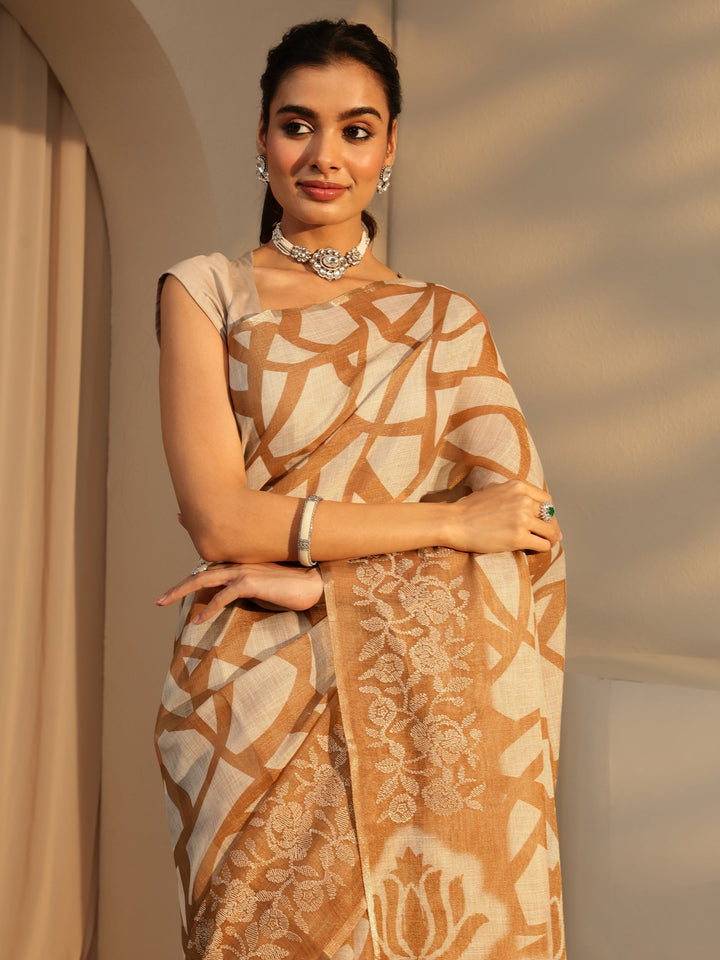 Libas Brown Abstract Printed Cotton Blend Saree