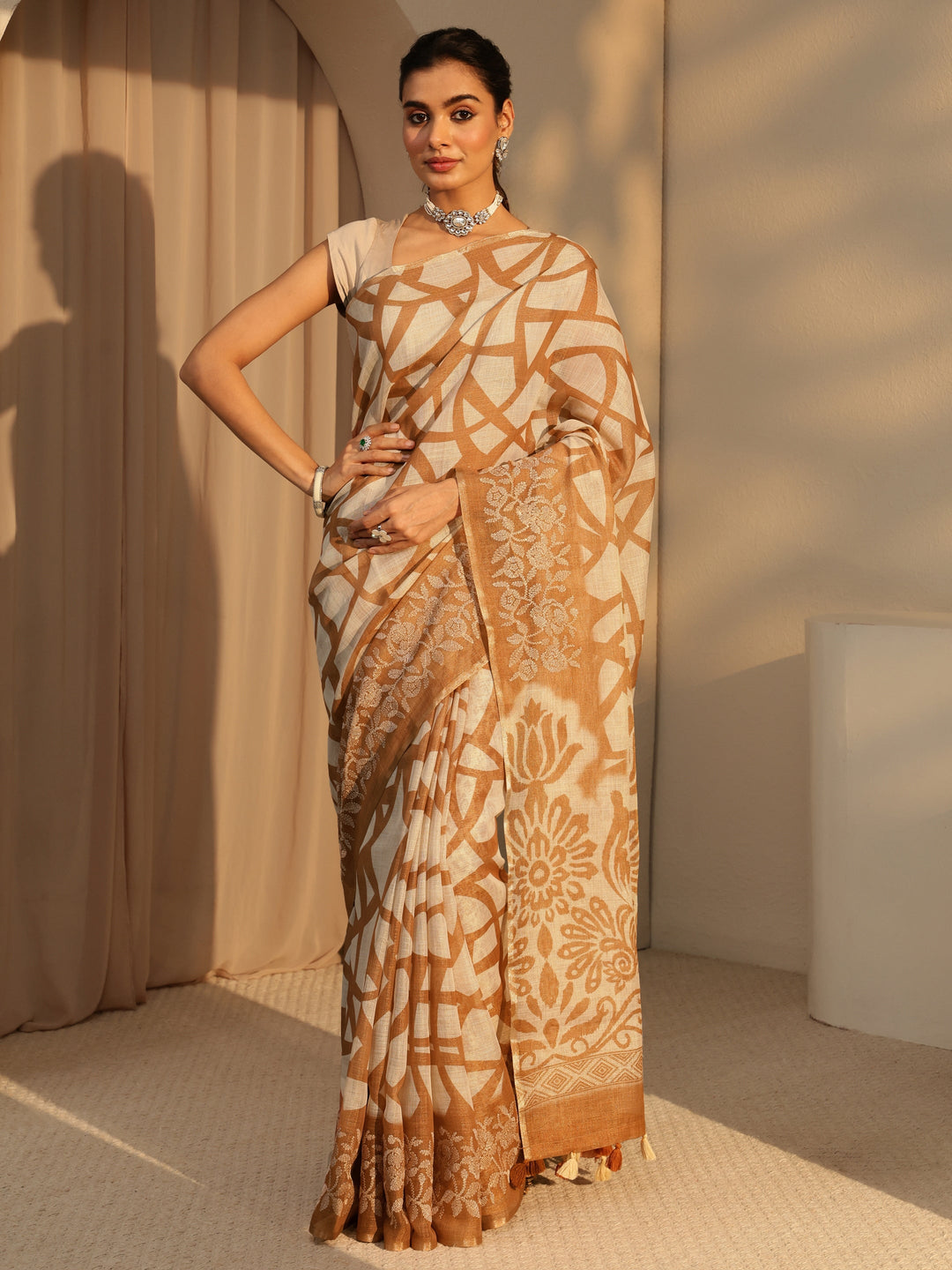 Libas Brown Abstract Printed Cotton Blend Saree