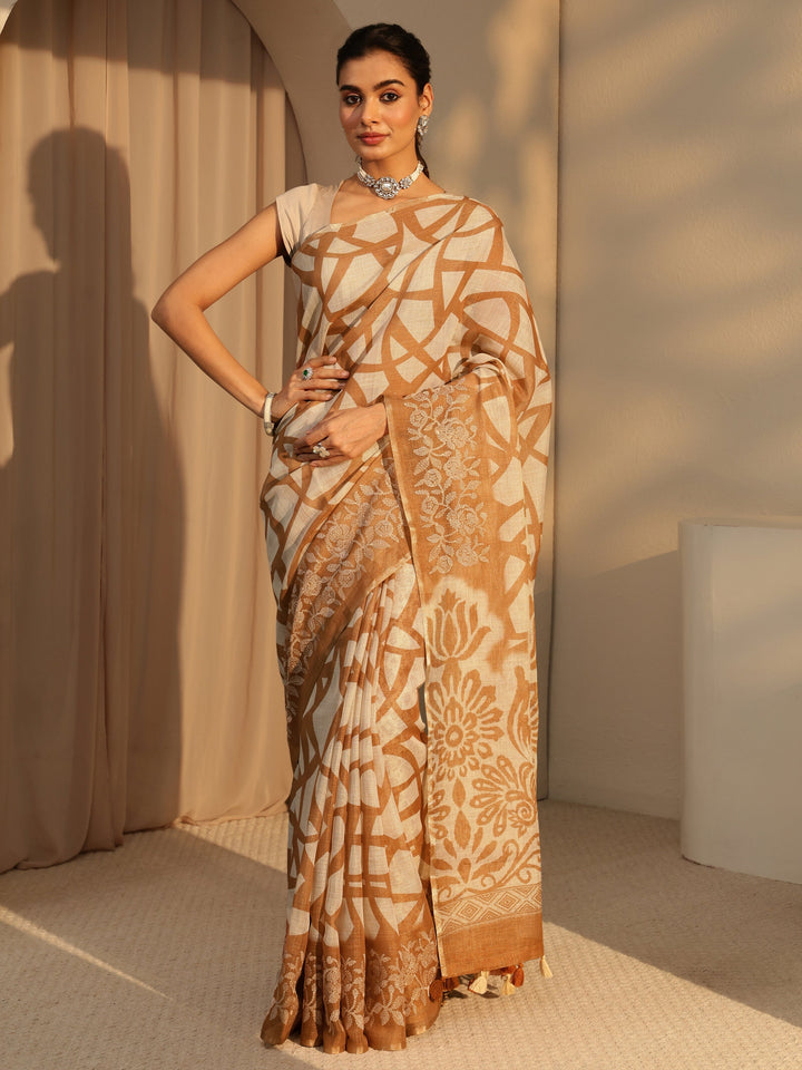 Libas Brown Abstract Printed Cotton Blend Saree