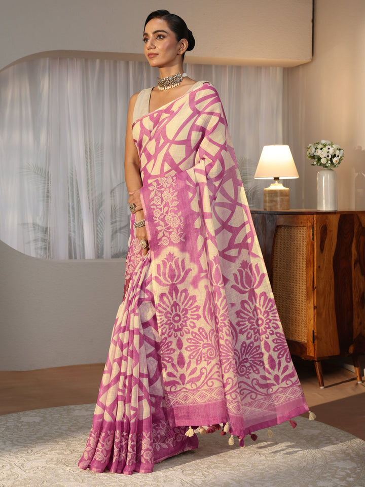 Beige Abstract Printed Cotton Blend Saree