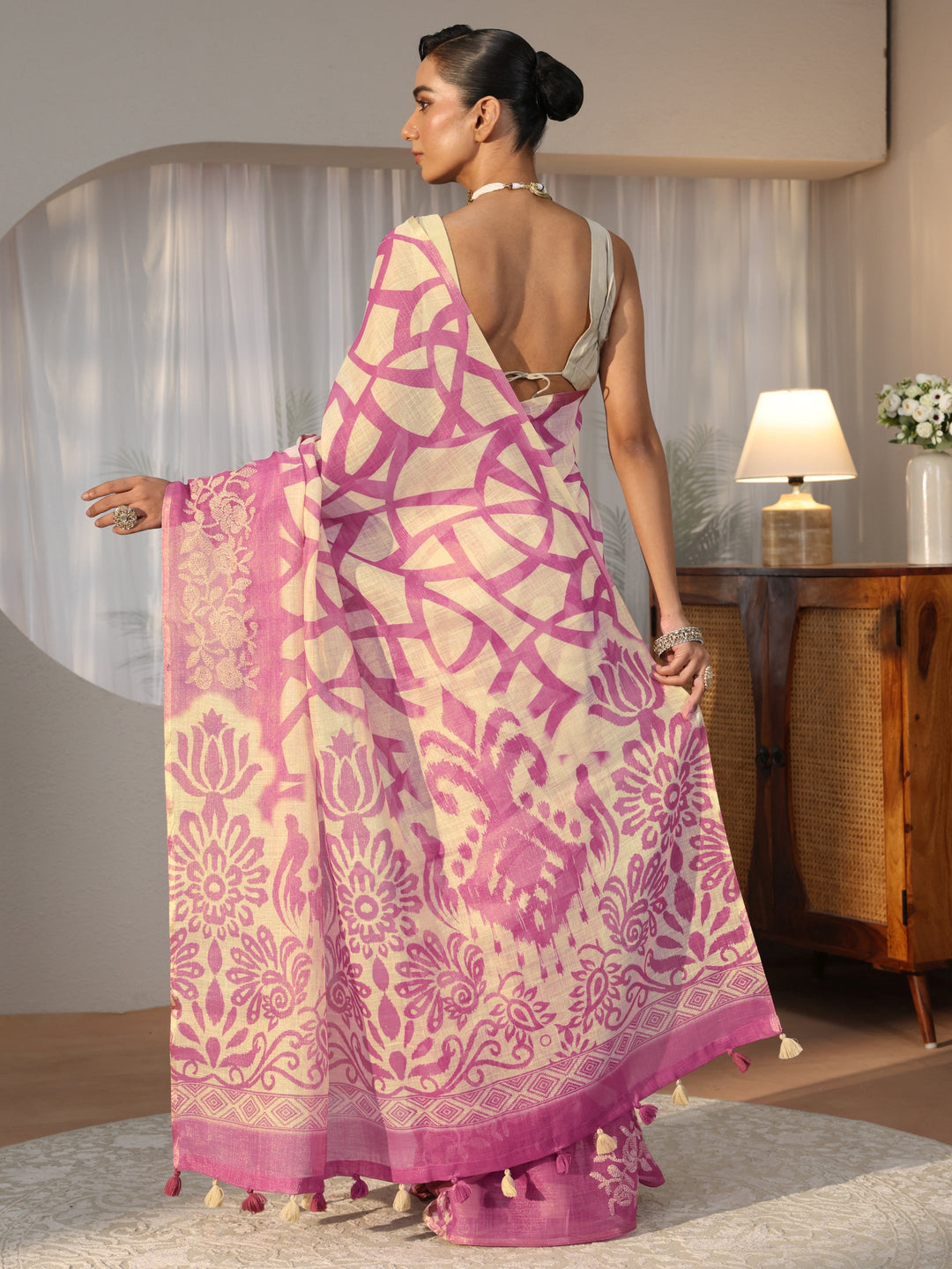 Beige Abstract Printed Cotton Blend Saree
