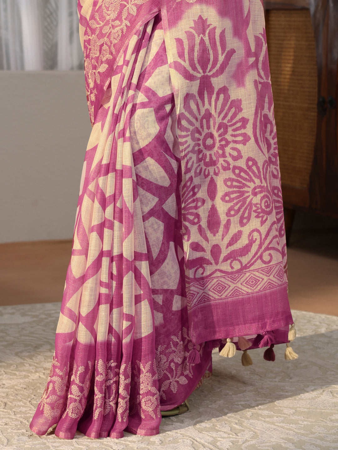 Beige Abstract Printed Cotton Blend Saree