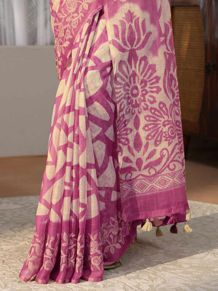 Beige Abstract Printed Cotton Blend Saree