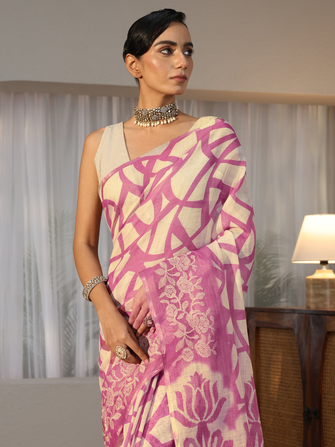 Beige Abstract Printed Cotton Blend Saree