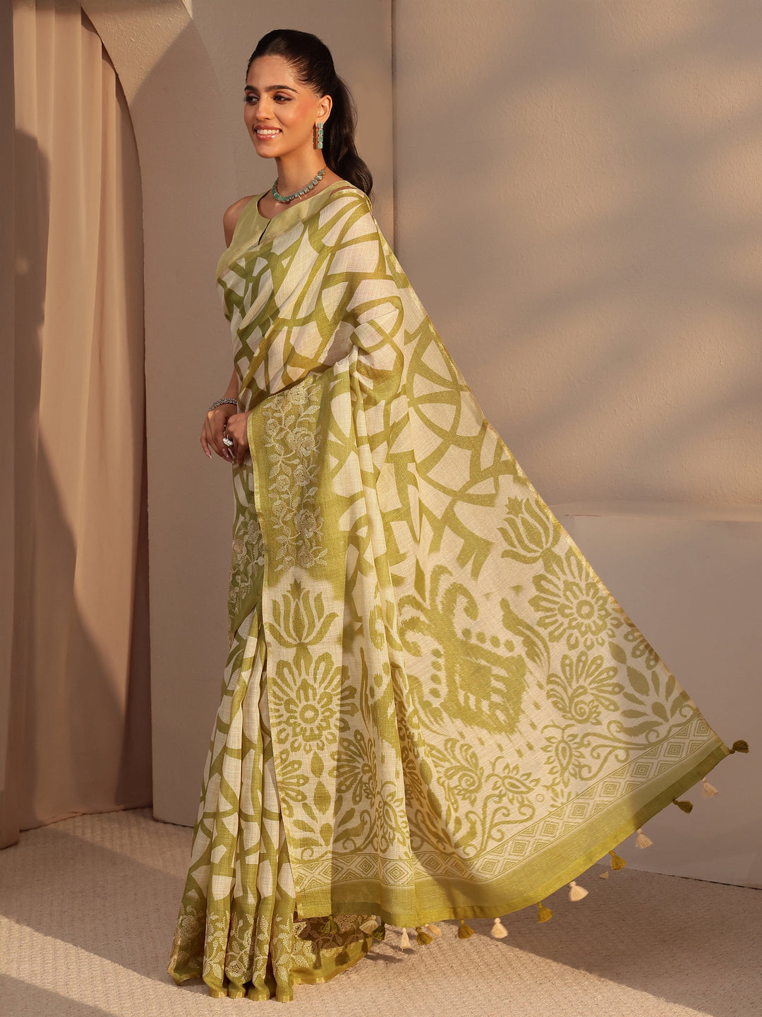 Libas Light Olive Green Abstract Printed Cotton Blend Saree