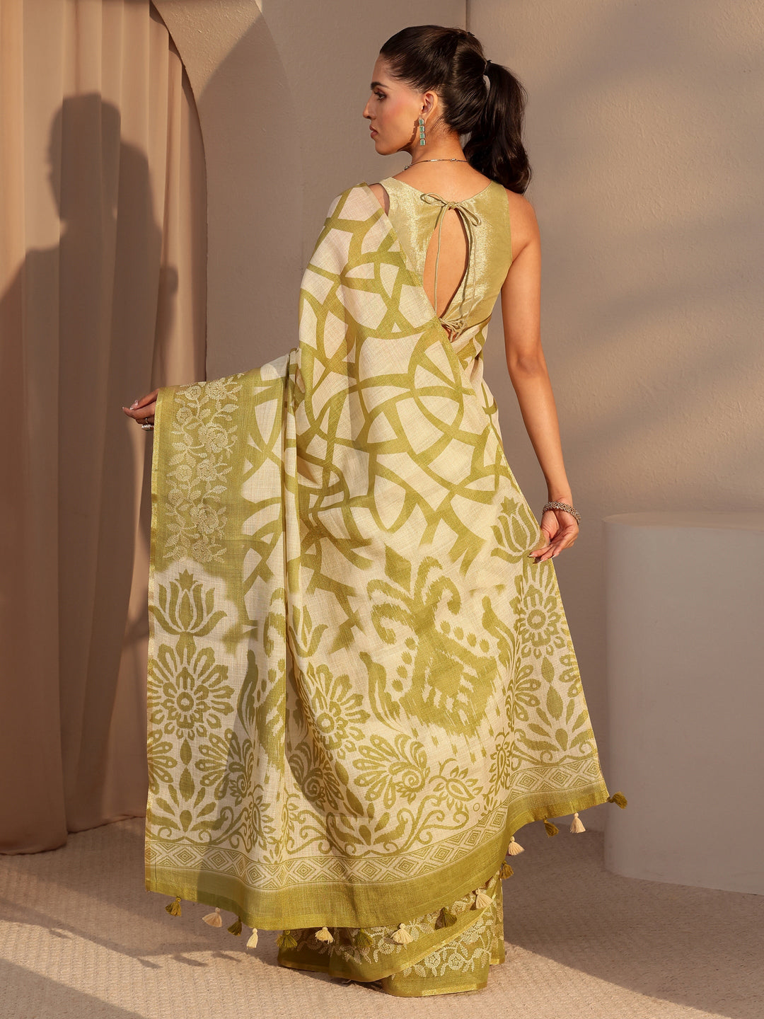 Libas Light Olive Green Abstract Printed Cotton Blend Saree