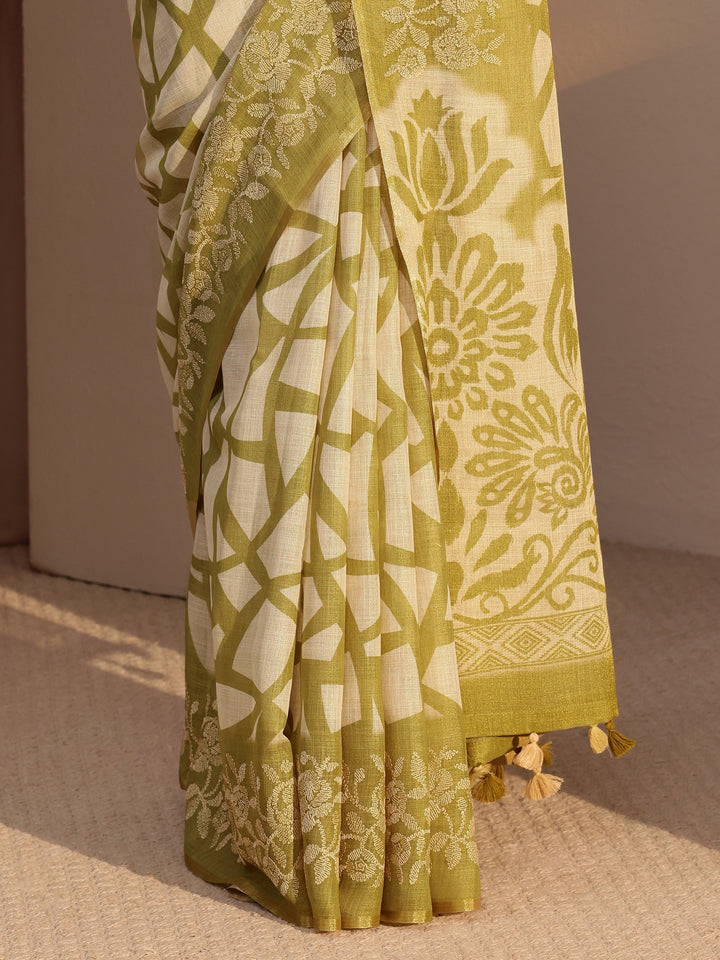 Libas Light Olive Green Abstract Printed Cotton Blend Saree