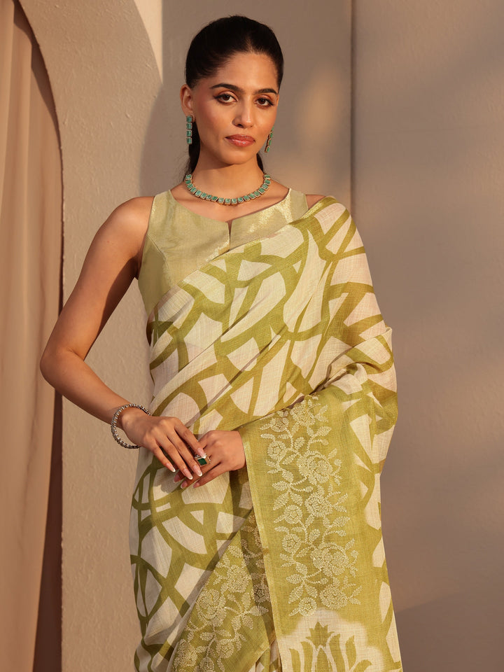 Libas Light Olive Green Abstract Printed Cotton Blend Saree