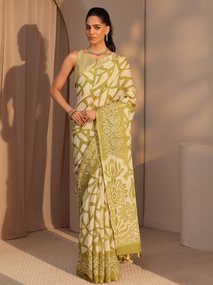 Libas Light Olive Green Abstract Printed Cotton Blend Saree