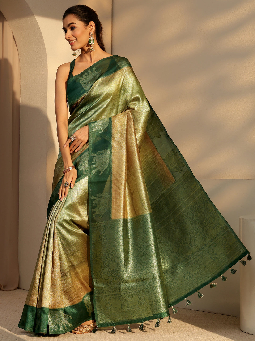 Libas Green Gaja Motif Woven Design Cotton Blend Saree