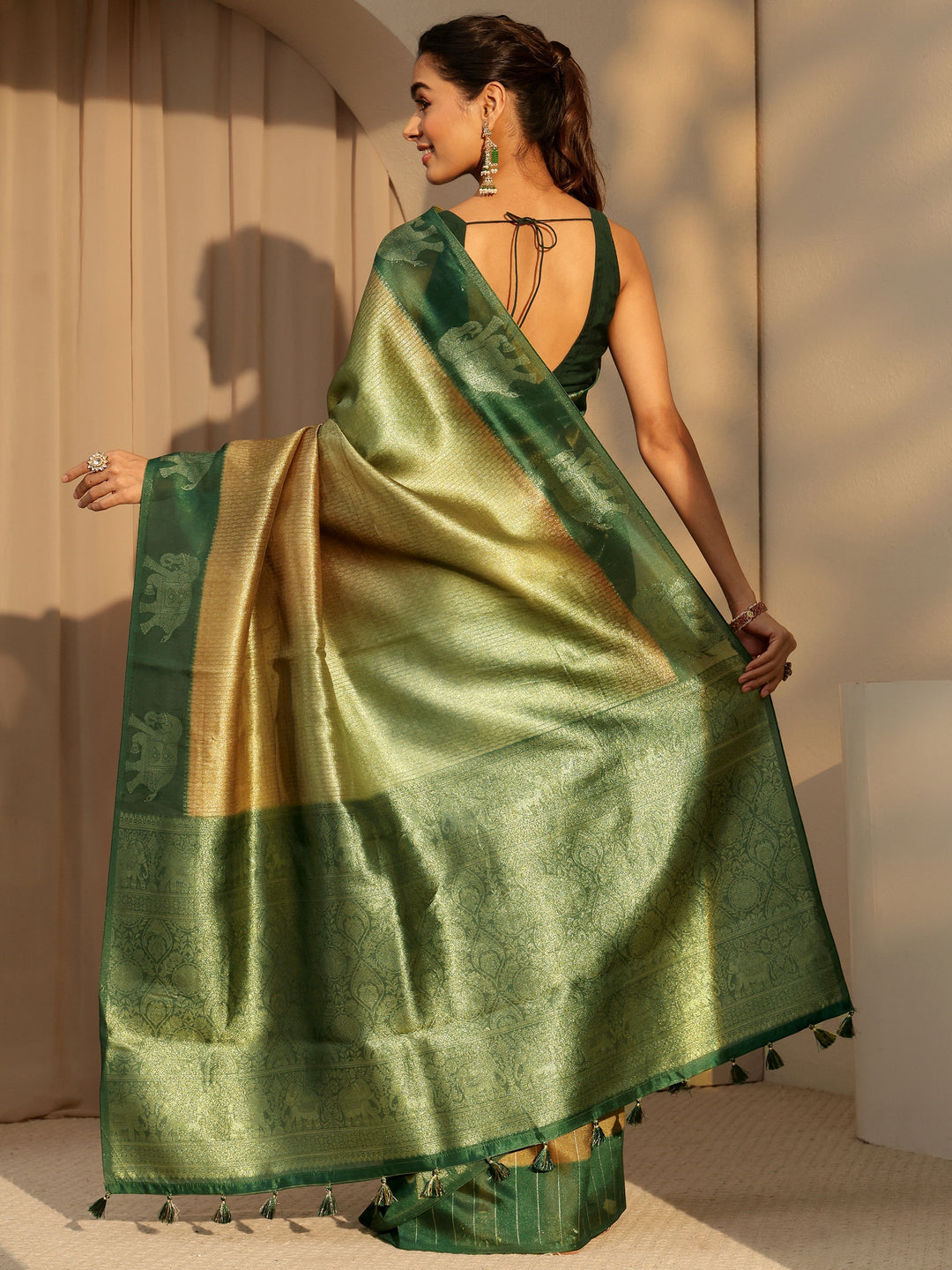 Libas Green Gaja Motif Woven Design Cotton Blend Saree