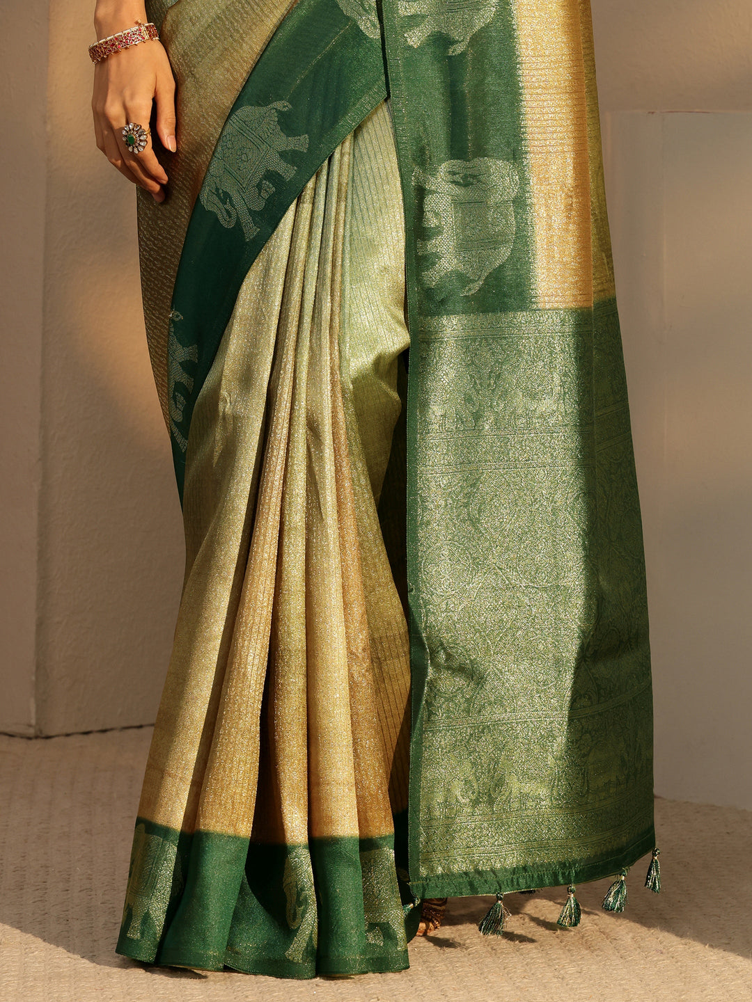 Libas Green Gaja Motif Woven Design Cotton Blend Saree