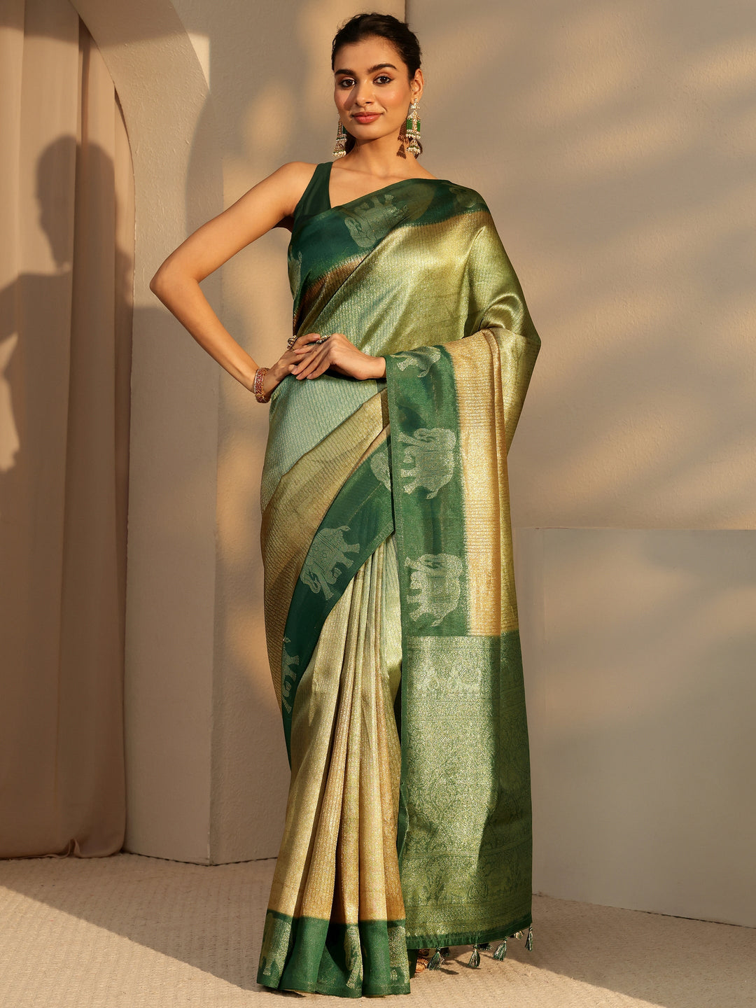 Libas Green Gaja Motif Woven Design Cotton Blend Saree