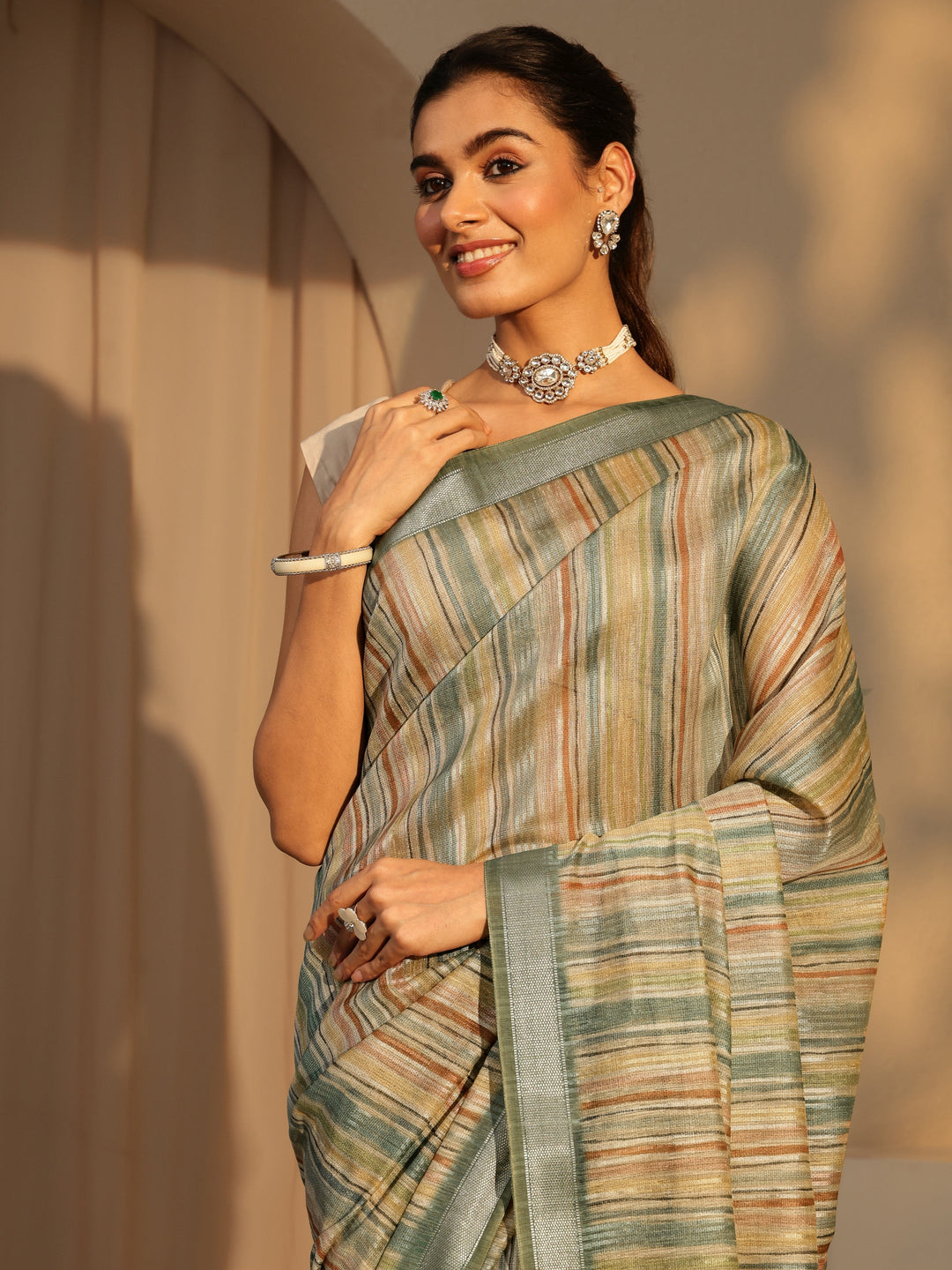 Libas Multi Color Striped Cotton Blend Saree