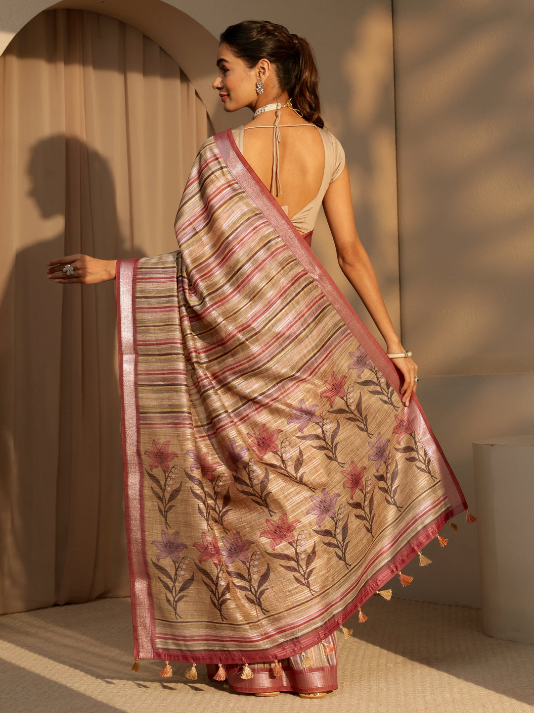 Libas Multi Color Striped Cotton Blend Saree