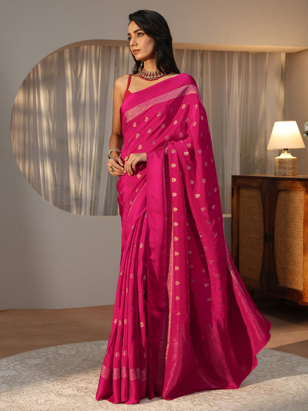 Rani Pink Woven Design Silk Blend Saree