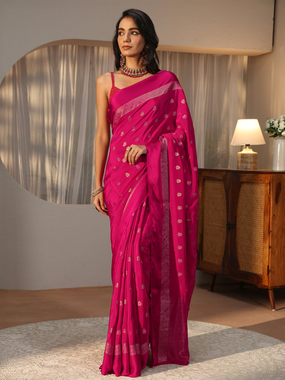 Rani Pink Woven Design Silk Blend Saree