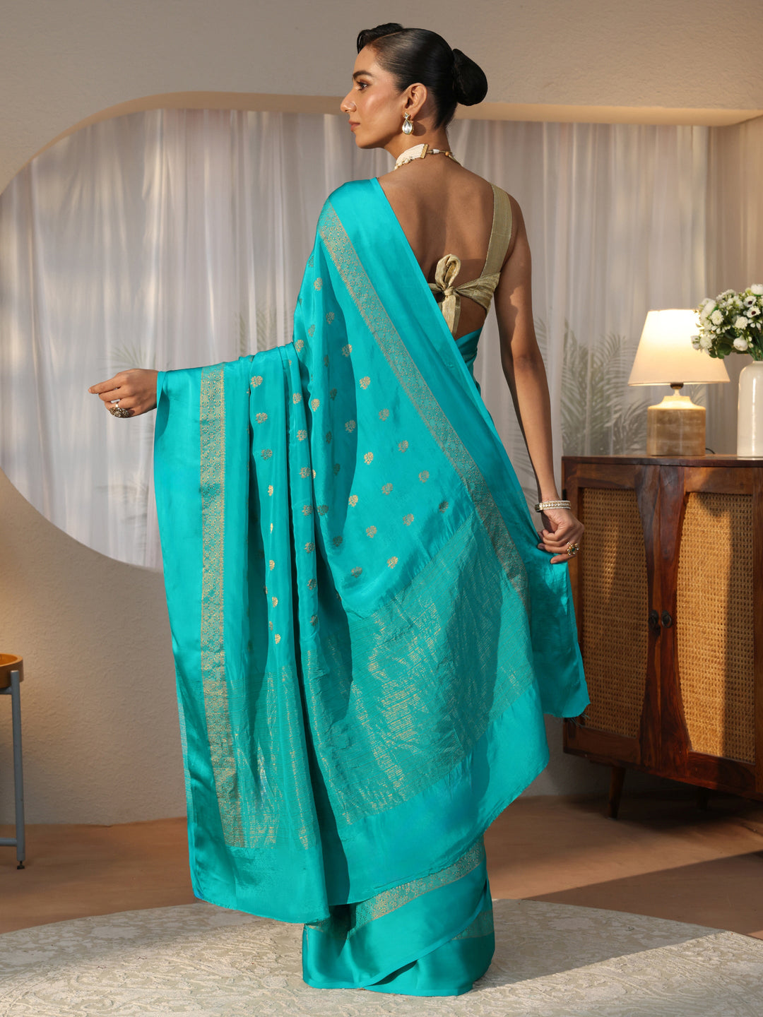 Aqua Blue Woven Design Silk Blend Saree