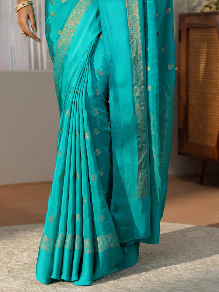 Aqua Blue Woven Design Silk Blend Saree