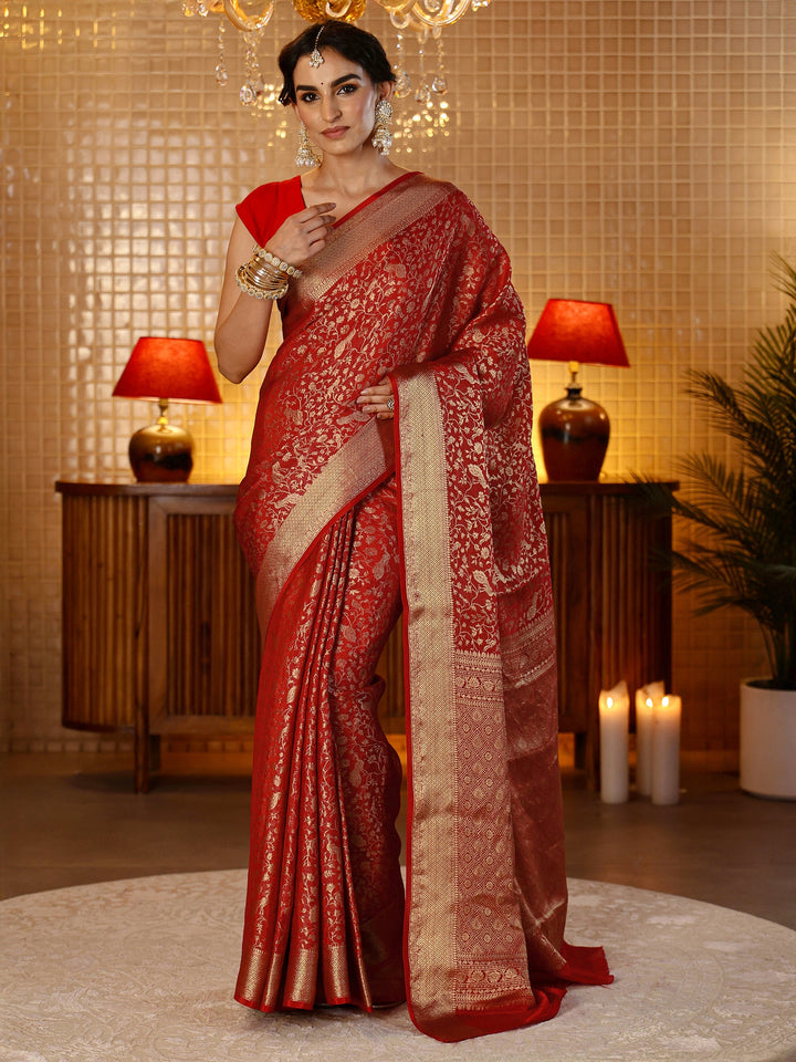Libas Crimson Red Banarasi Silk Blend Saree