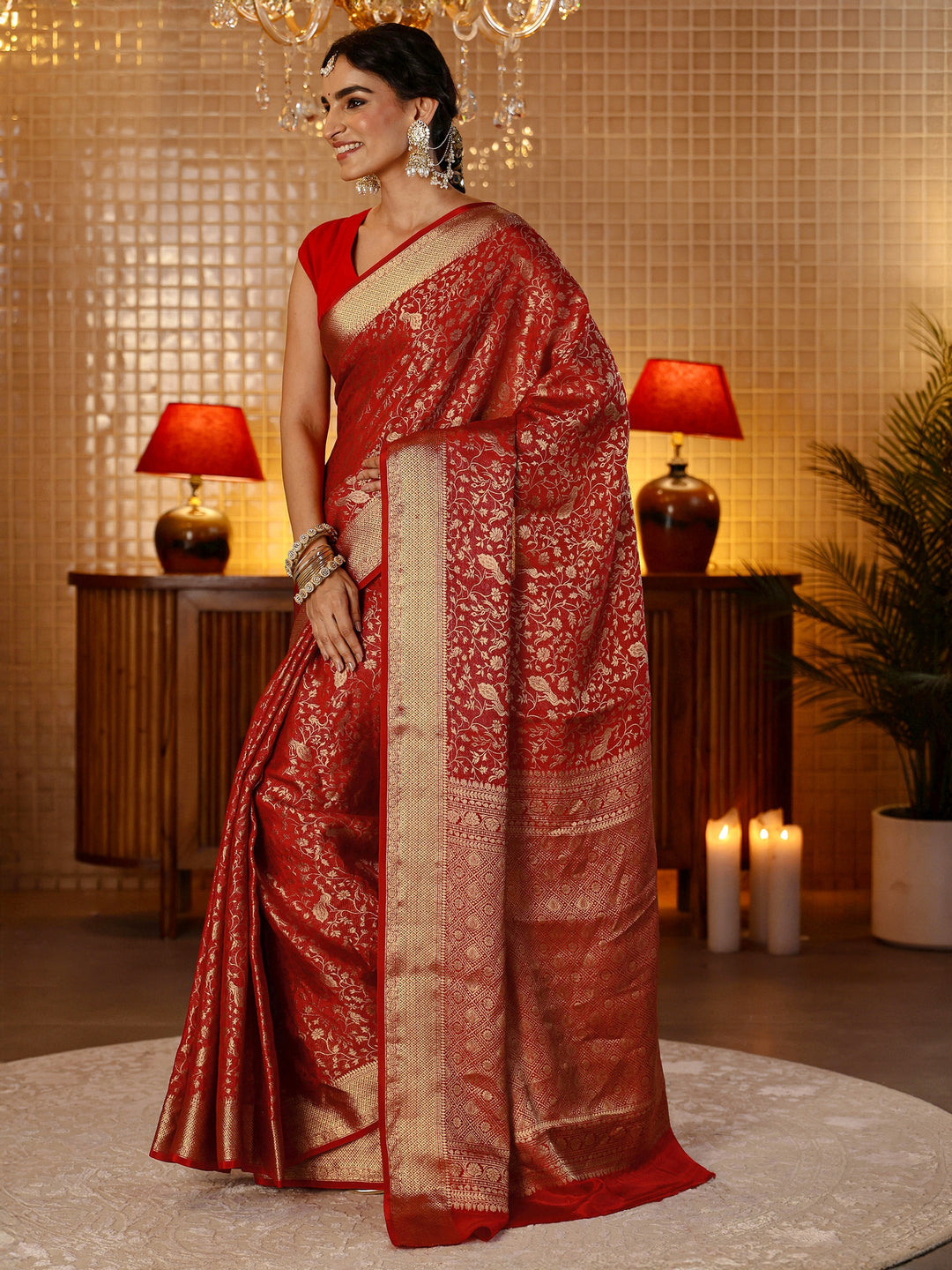 Libas Crimson Red Banarasi Silk Blend Saree