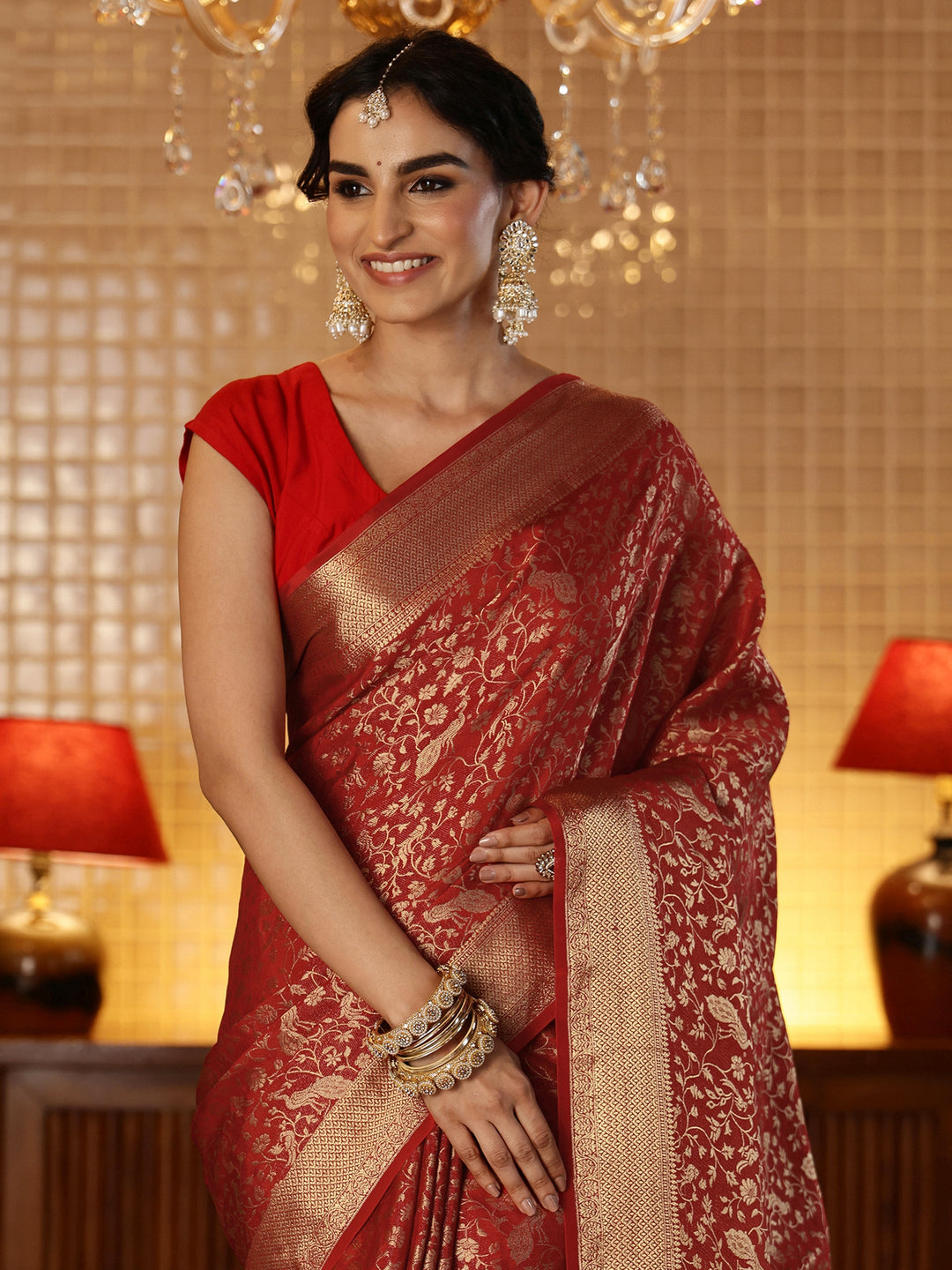 Libas Crimson Red Banarasi Silk Blend Saree