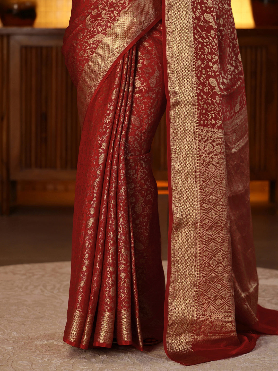 Libas Crimson Red Banarasi Silk Blend Saree