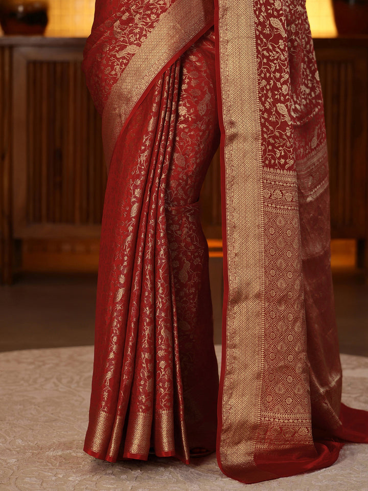 Libas Crimson Red Banarasi Silk Blend Saree