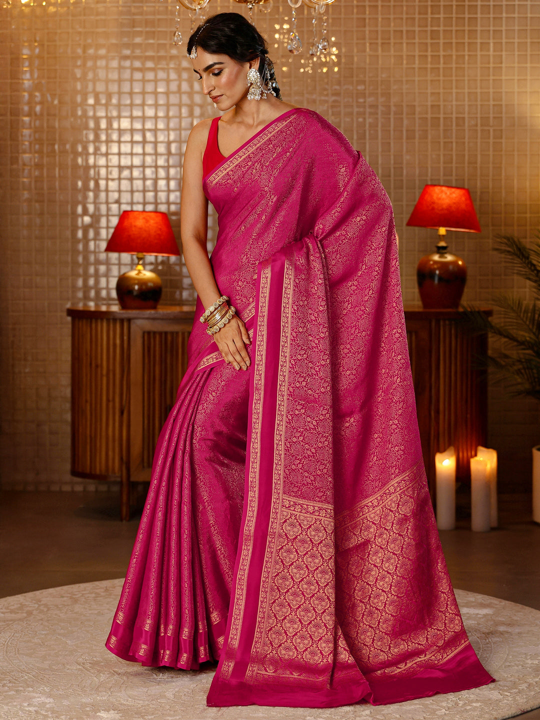 Libas Rani Pink Banarasi Silk Blend Saree