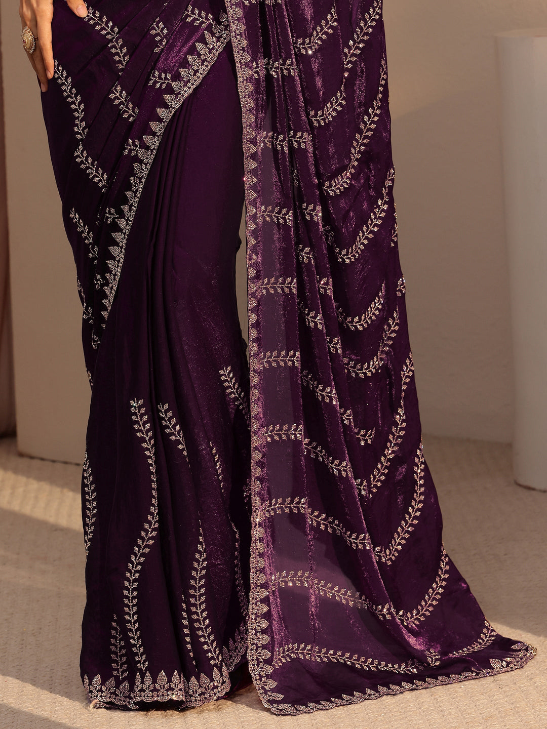 Burgundy Floral Embellished Tissue Saree
