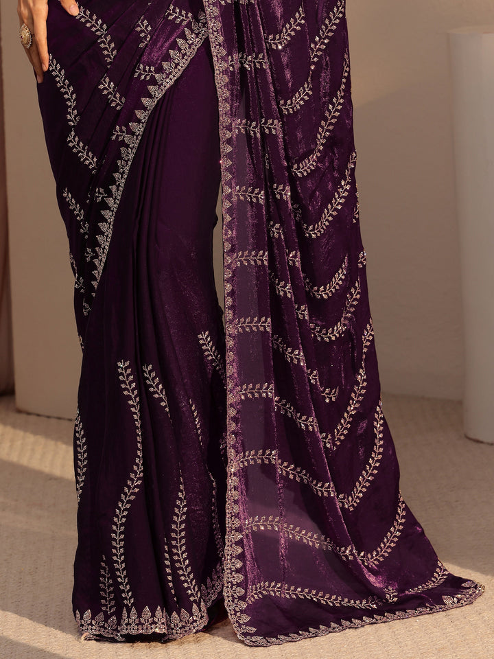 Burgundy Floral Embellished Tissue Saree
