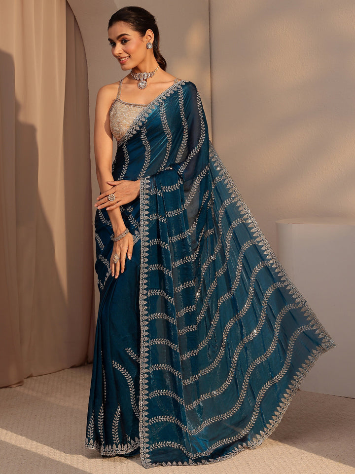 Peacock Blue Floral Embellished Tissue Saree