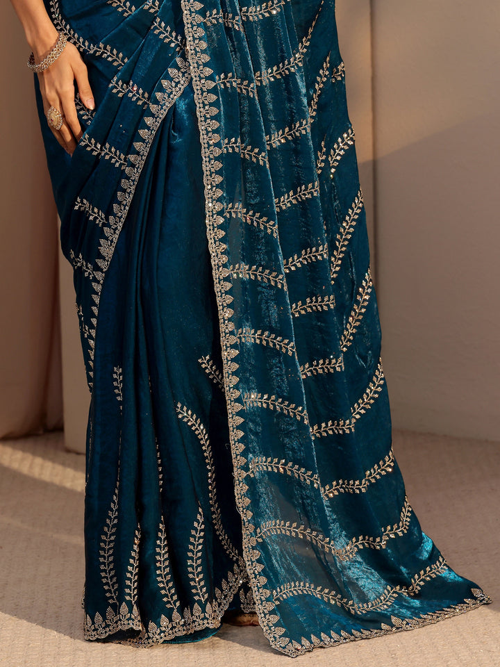 Peacock Blue Floral Embellished Tissue Saree