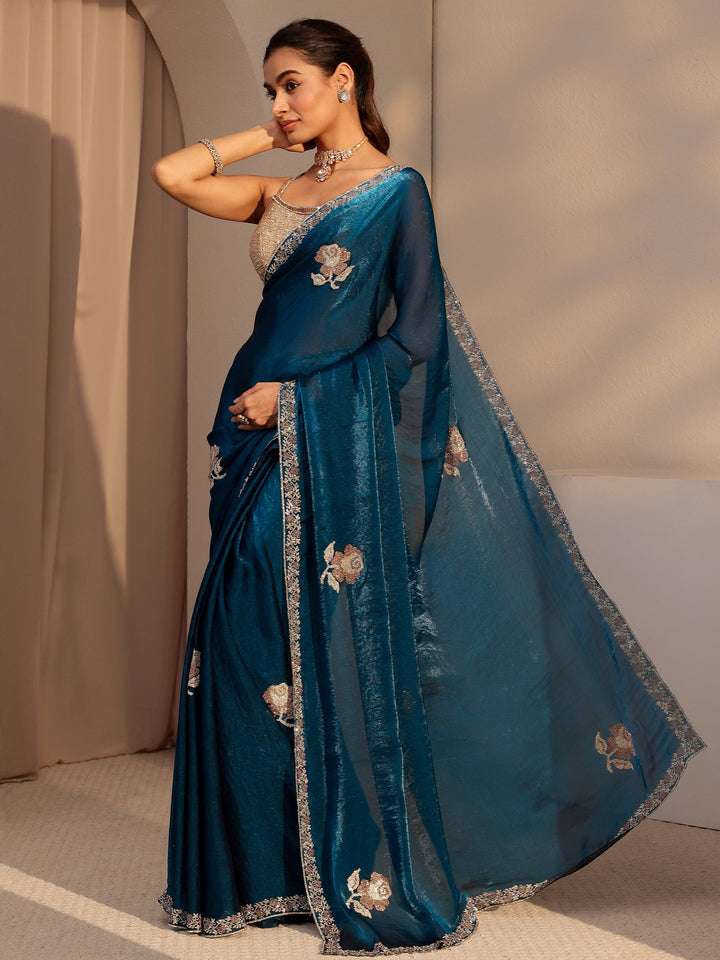 Libas Peacock Blue Floral Embellished Tissue Saree