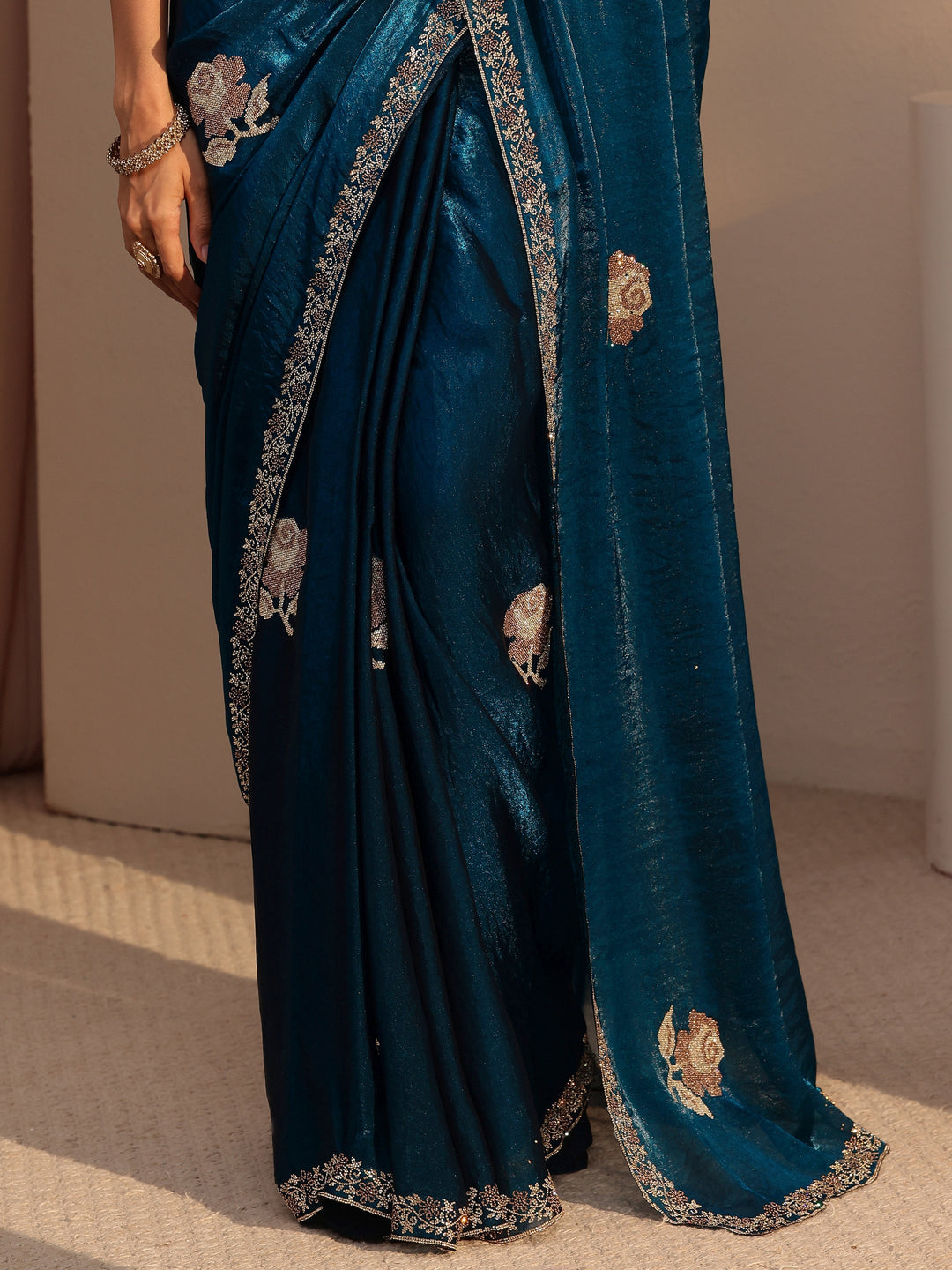 Libas Peacock Blue Floral Embellished Tissue Saree