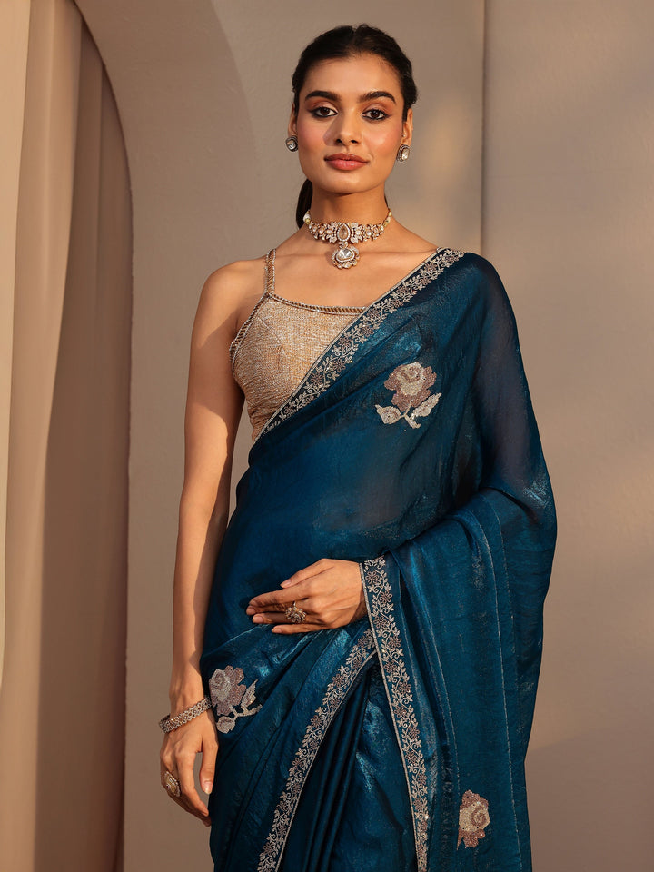 Libas Peacock Blue Floral Embellished Tissue Saree