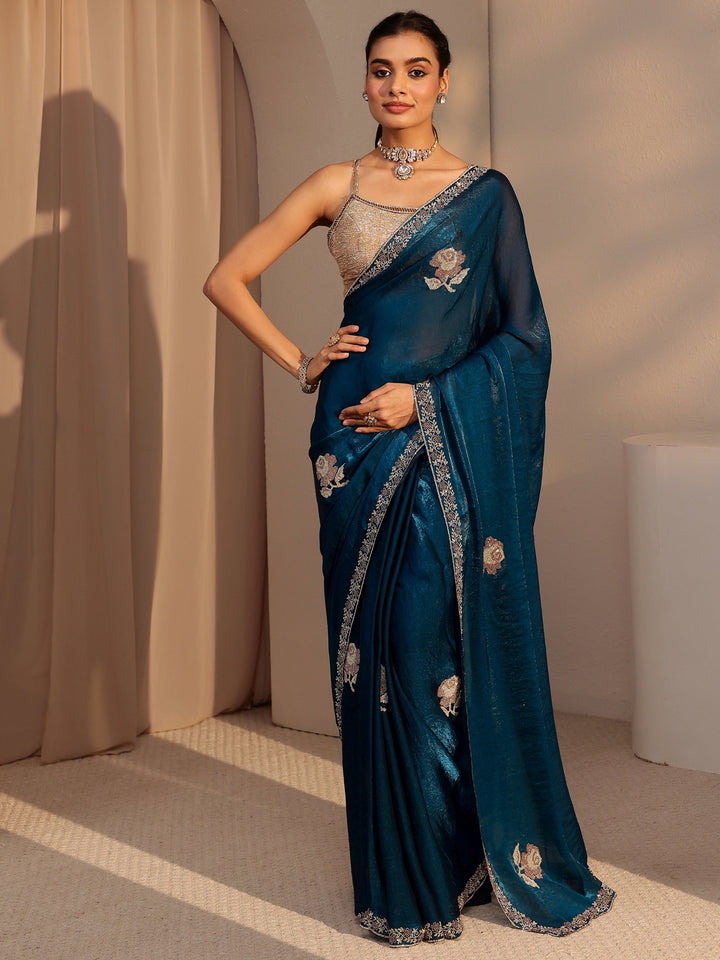 Libas Peacock Blue Floral Embellished Tissue Saree