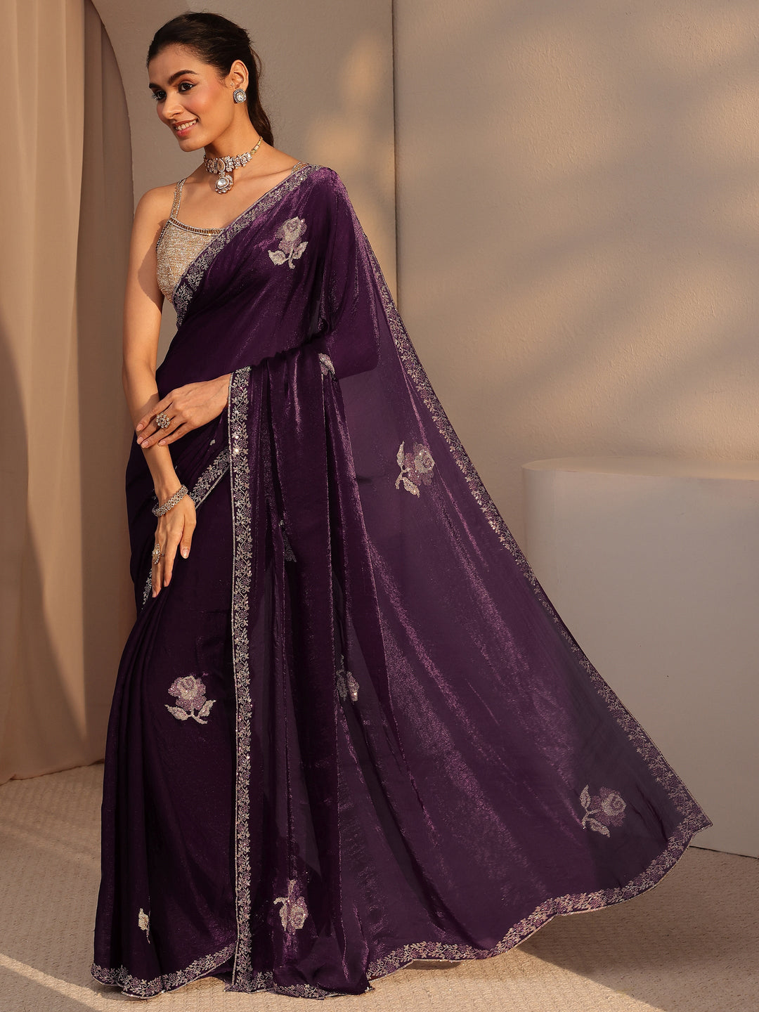 Libas Burgundy Floral Embellished Tissue Saree
