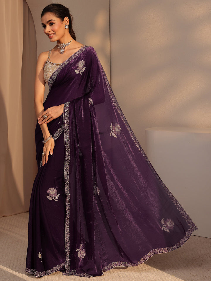 Libas Burgundy Floral Embellished Tissue Saree