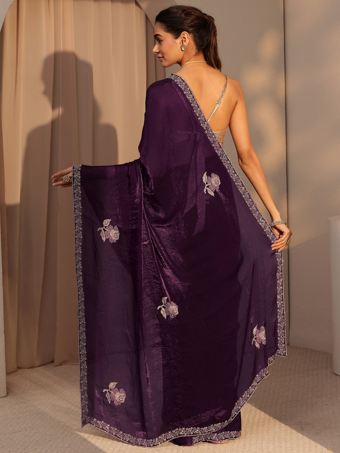 Libas Burgundy Floral Embellished Tissue Saree