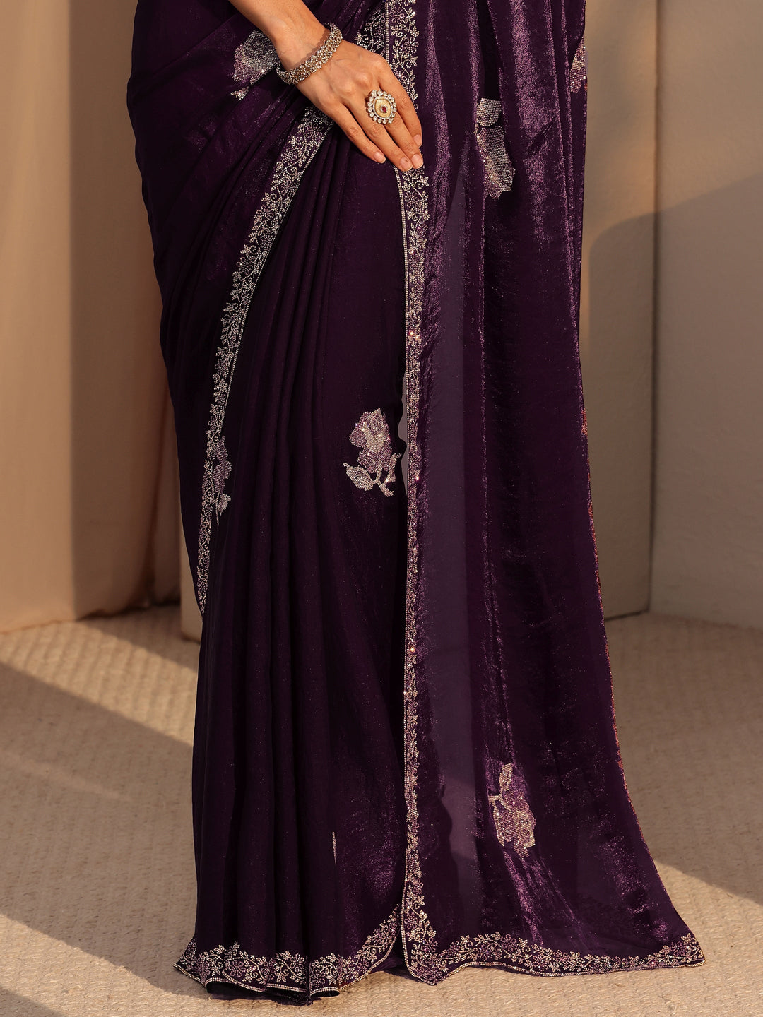 Libas Burgundy Floral Embellished Tissue Saree