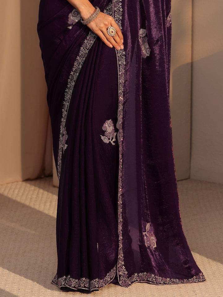 Libas Burgundy Floral Embellished Tissue Saree
