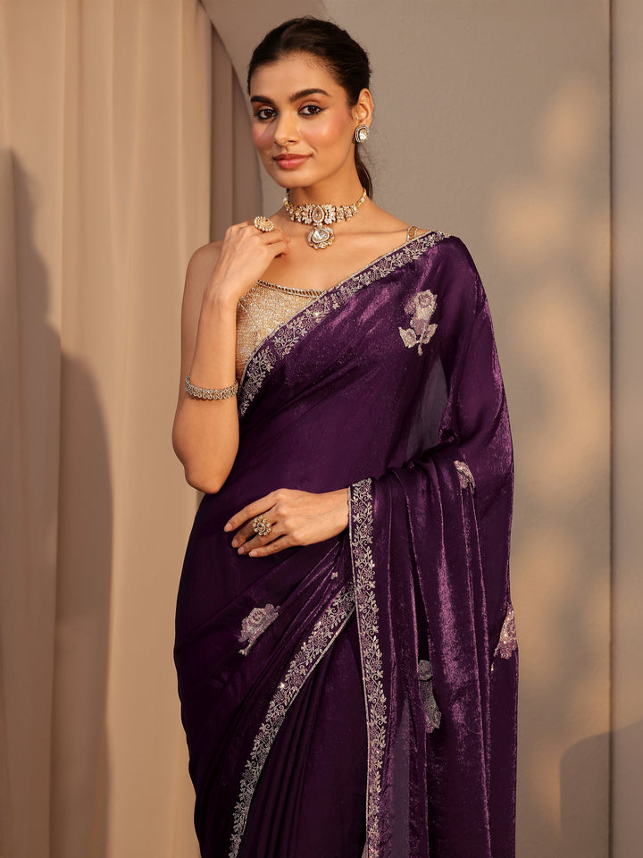 Libas Burgundy Floral Embellished Tissue Saree