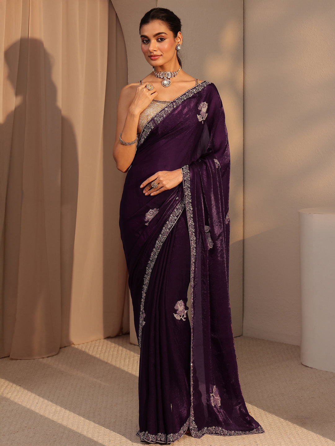 Libas Burgundy Floral Embellished Tissue Saree