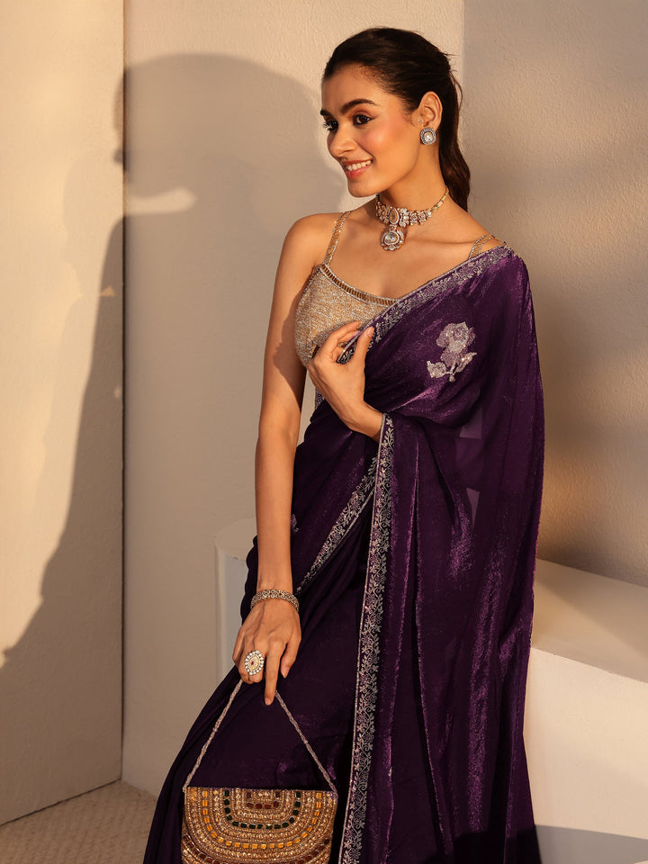 Libas Burgundy Floral Embellished Tissue Saree