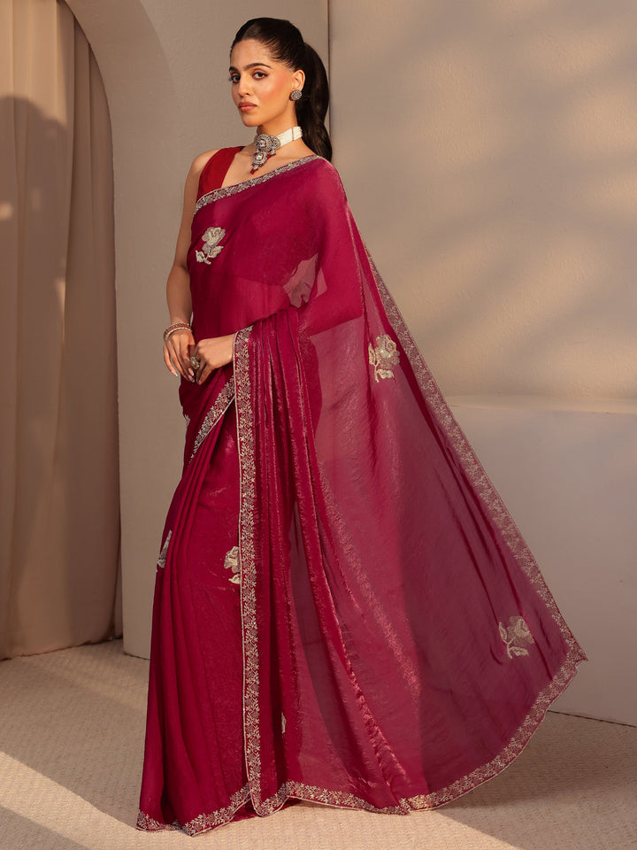 Libas Red Floral Embellished Tissue Saree
