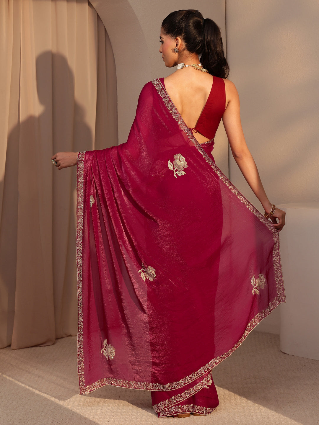 Libas Red Floral Embellished Tissue Saree