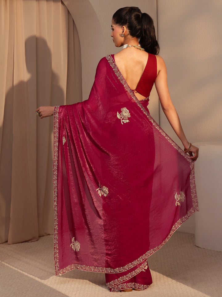 Libas Red Floral Embellished Tissue Saree