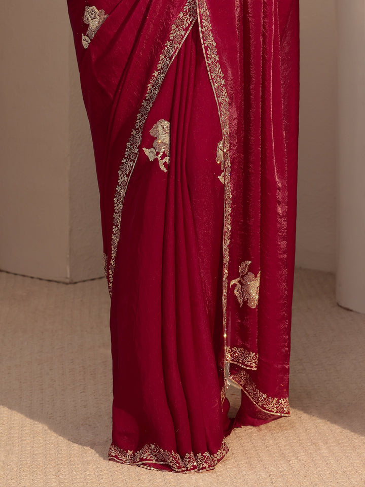 Libas Red Floral Embellished Tissue Saree